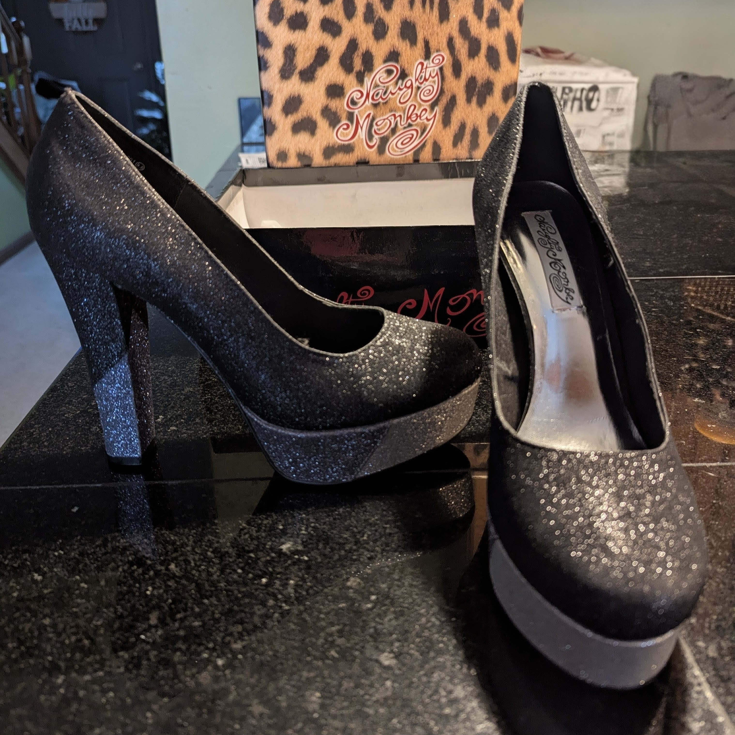 Brand New Naughty Monkey Black  Silver Glittery Heels